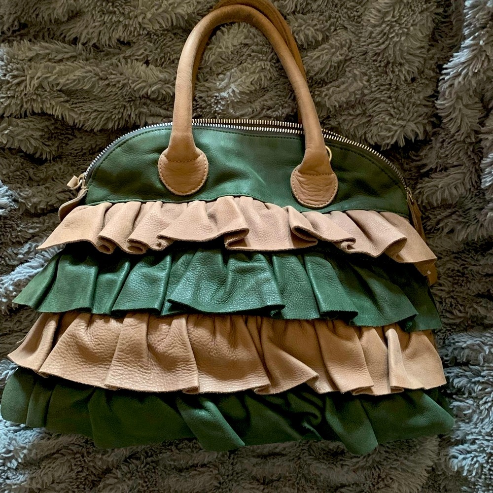 Vera Pelle Green and Tan Satchel with Ruffled Layers